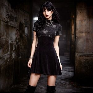 Vintage 90s Dress Small Black Glitter Mock Neck Celestial Emo Goth Grunge